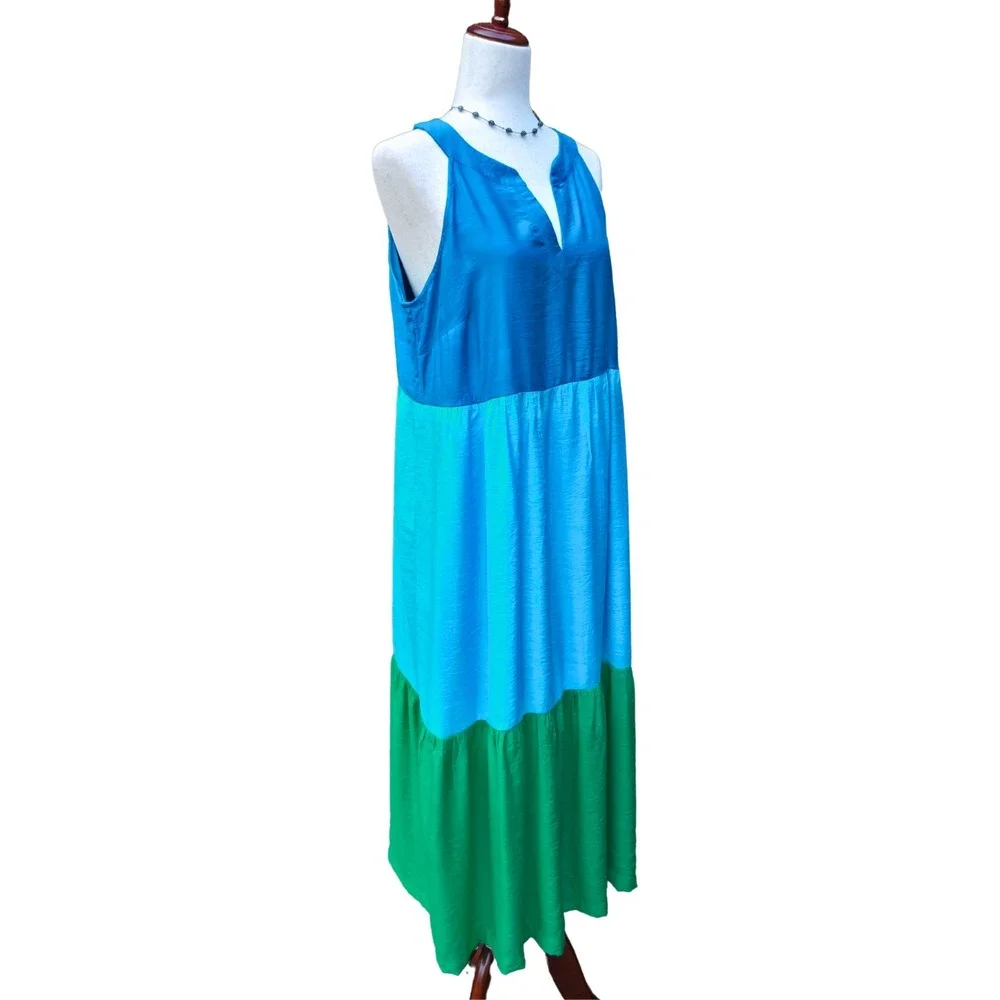 J. Jill Maxi Dress PM Blue Green Colorblock Tiered Boho Coastal Summer - Picture 2 of 16